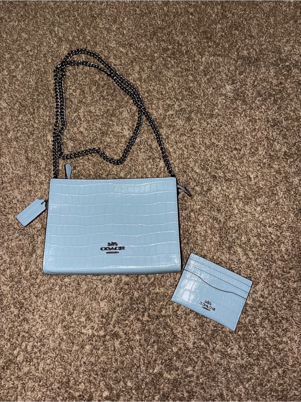 Coach Light Blue Croc-Embossed Crossbody with Card Case